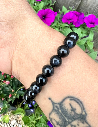 Black Agate Crystal Gemstone Round Bead Power Bracelet