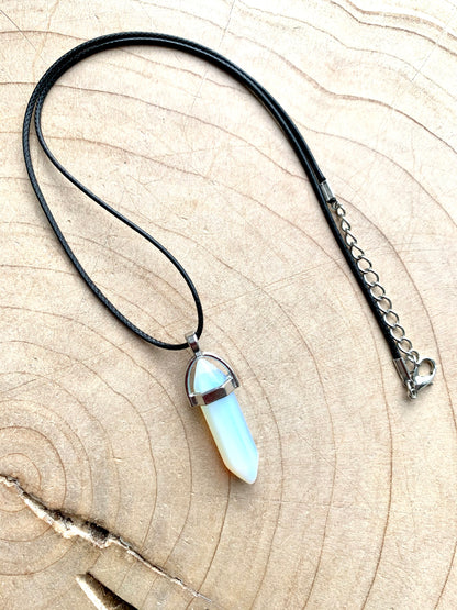 Crystal Point Quartz Gemstone Pendant Black Leather Corded Necklace