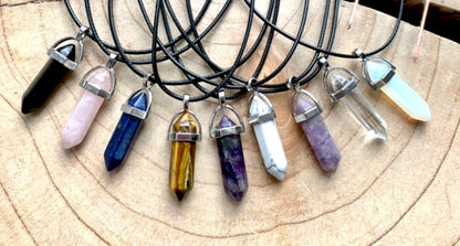 Crystal Point Quartz Gemstone Pendant Black Leather Corded Necklace