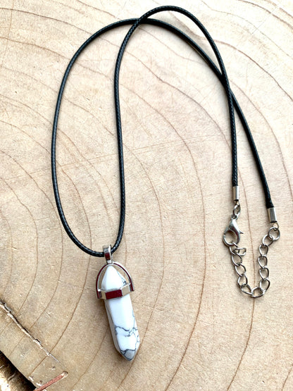 Crystal Point Quartz Gemstone Pendant Black Leather Corded Necklace