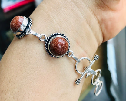Goldstone Healing Crystal 8.5” 925 Silver Plated T-Bar Bracelet - Crystal Boutique.co.uk 