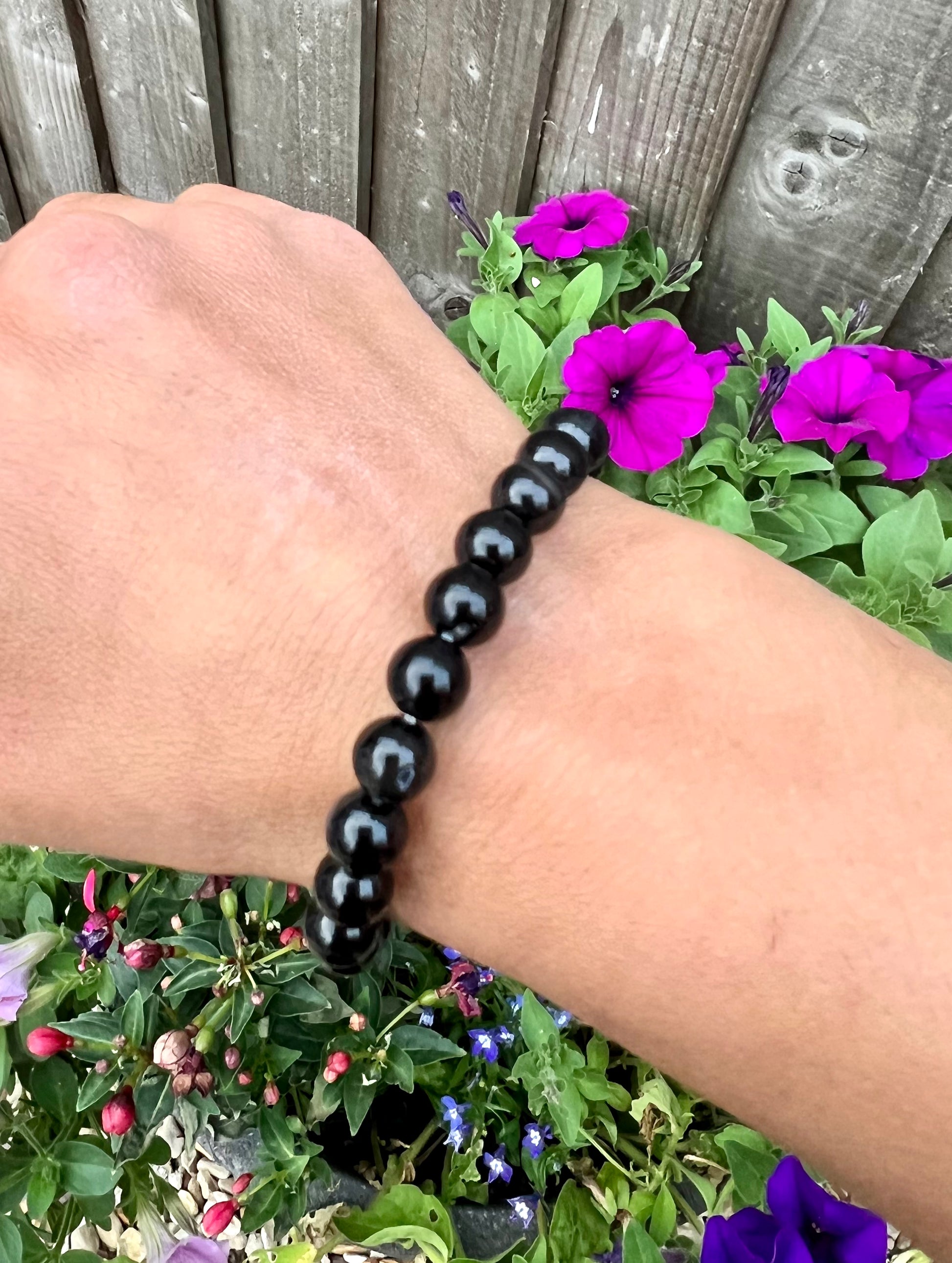 Black Agate Crystal Gemstone Round Bead Power Bracelet