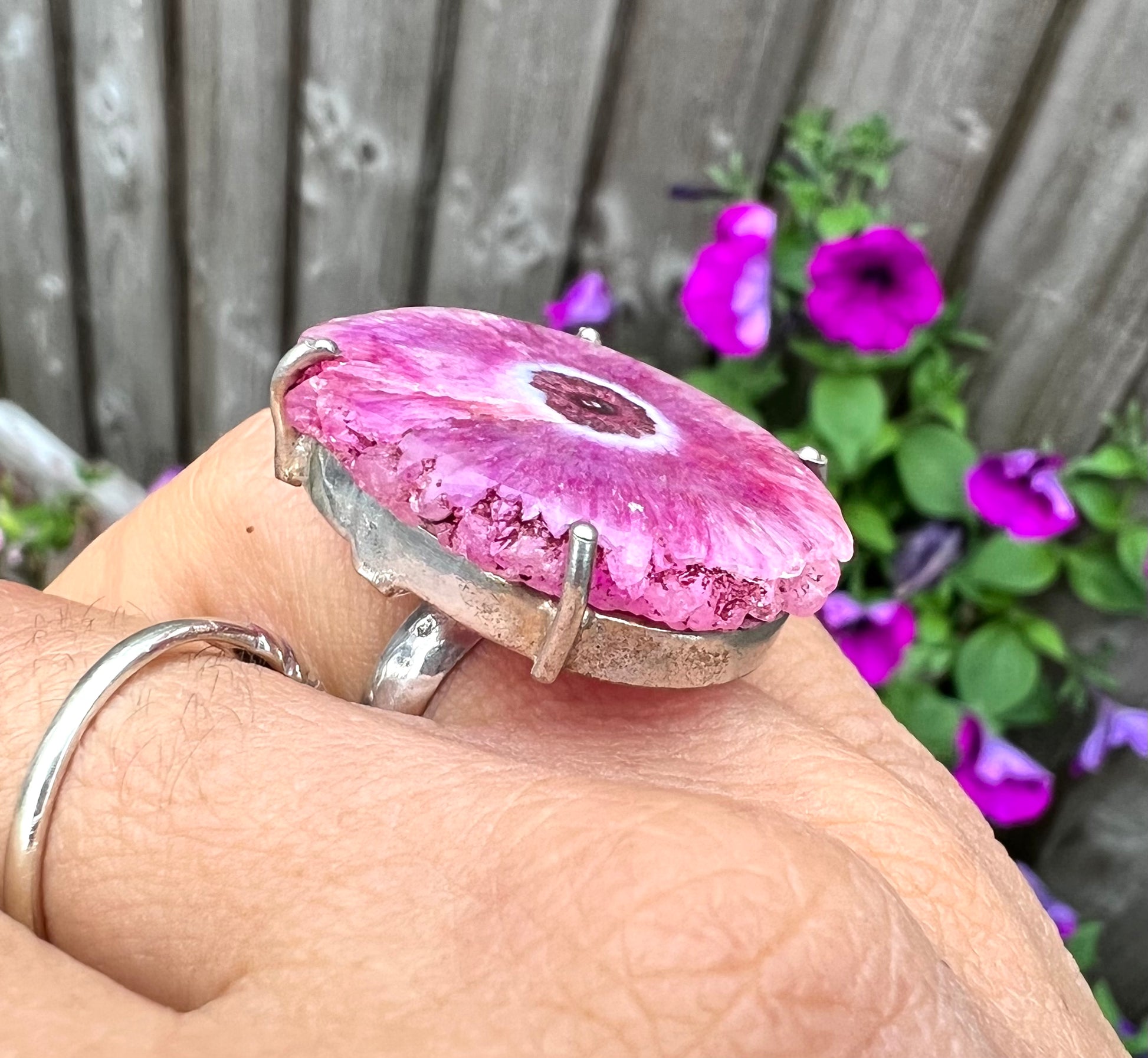 Pink Bulls Eye Solar Quartz Dyed Crystal Ring