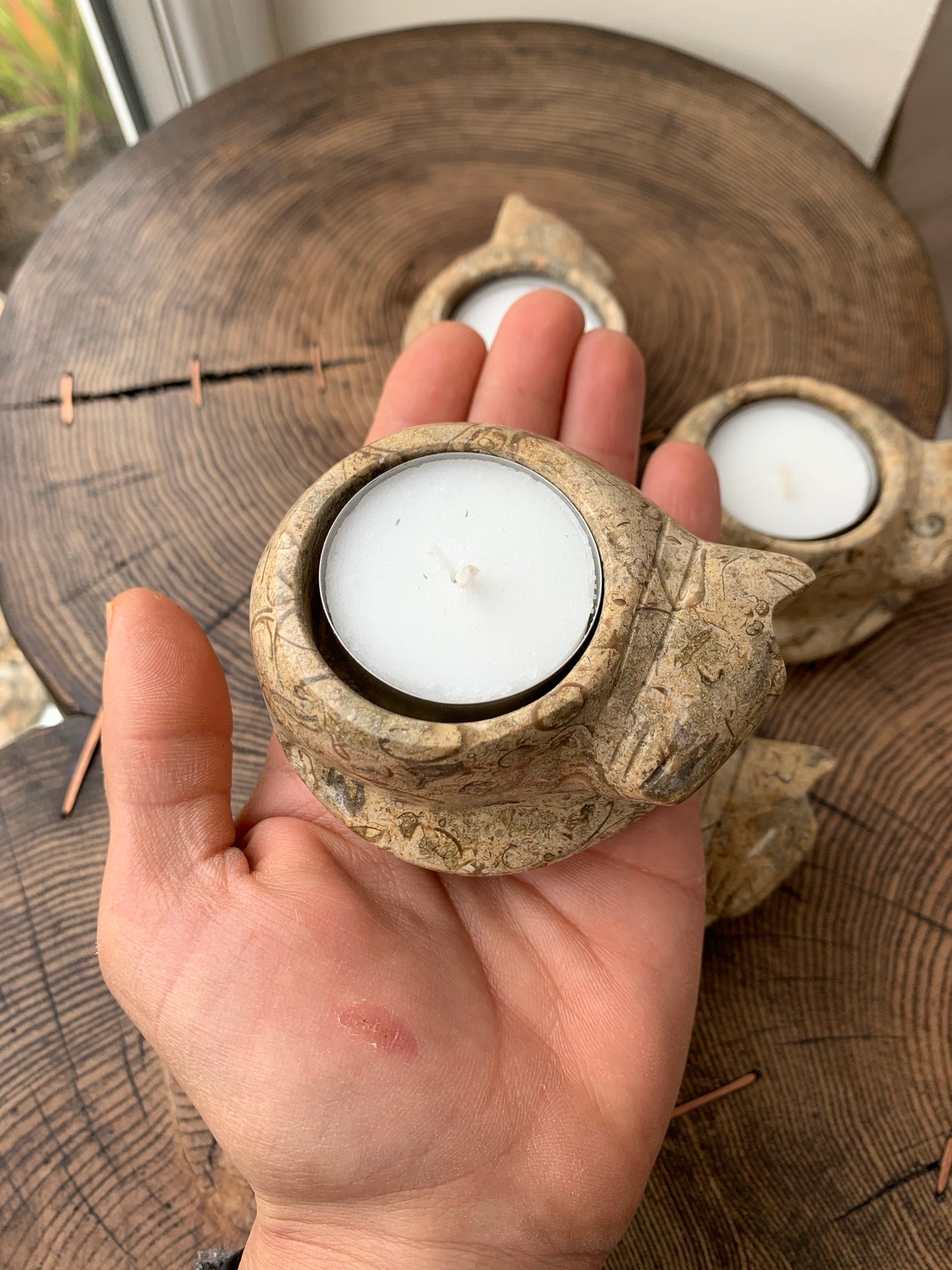 Fossilstone Cat Tea Light Candle Holder