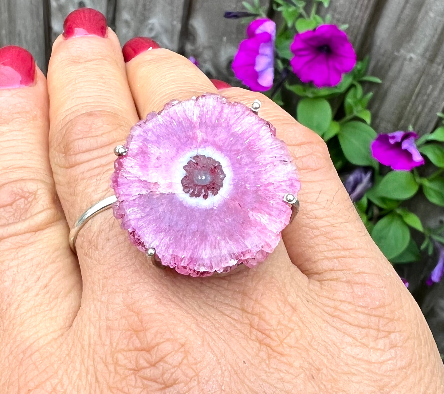 Pink Bulls Eye Solar Quartz Dyed Crystal Ring