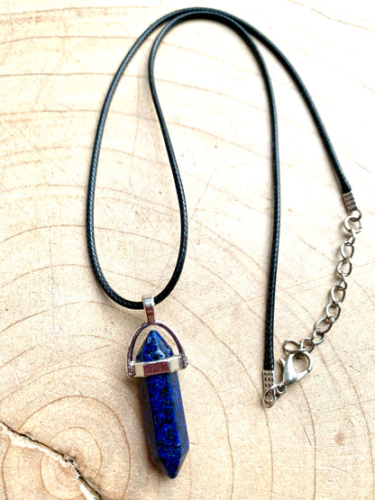 Crystal Point Quartz Gemstone Pendant Black Leather Corded Necklace