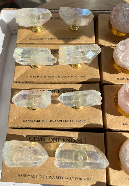 Angel Aura Plated Quartz Crystal Point Furniture Door Drawer Cabinet Knobs Set of 2