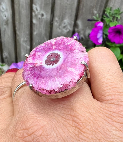Pink Bulls Eye Solar Quartz Dyed Crystal Ring