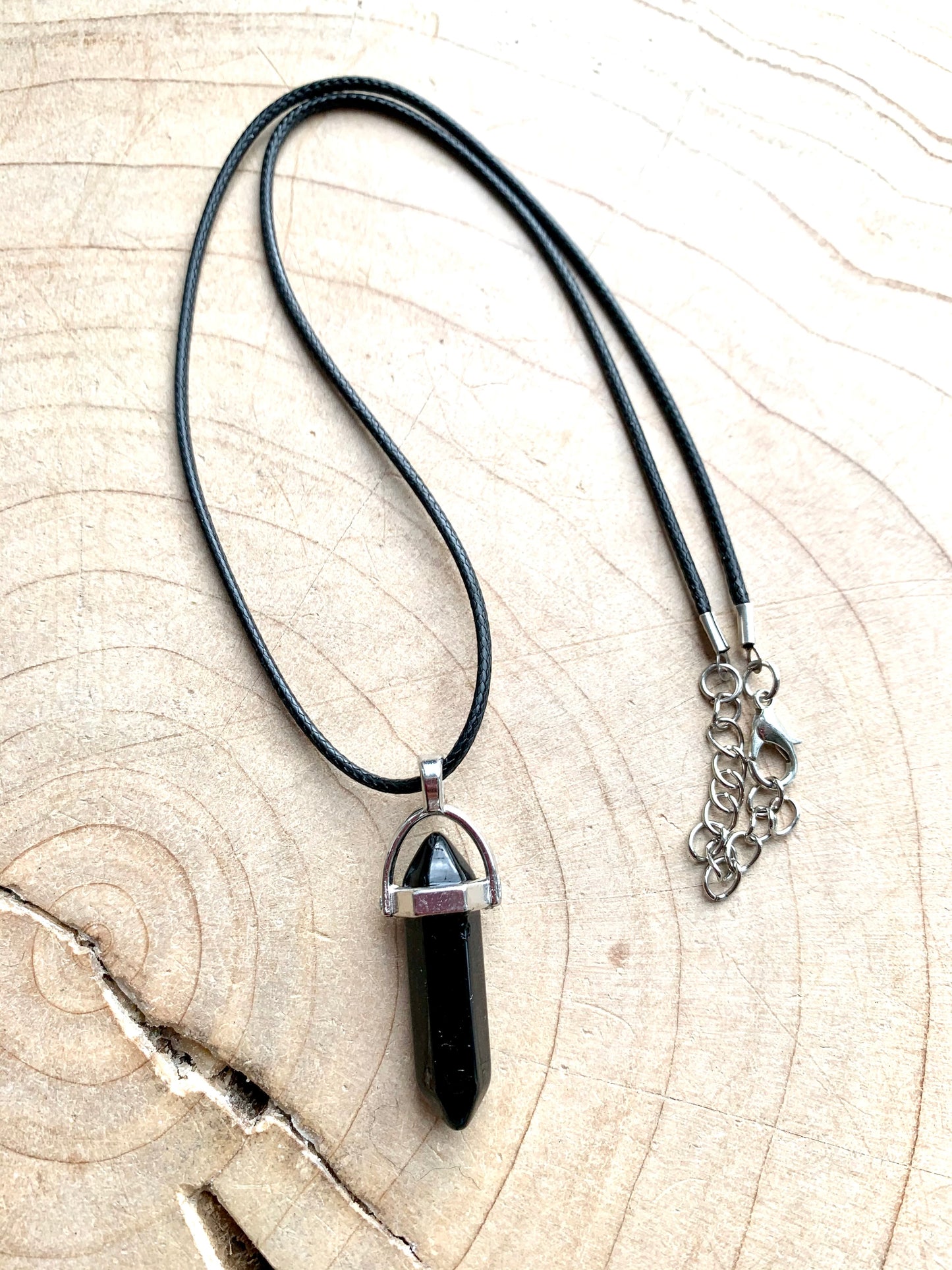 Crystal Point Quartz Gemstone Pendant Black Leather Corded Necklace