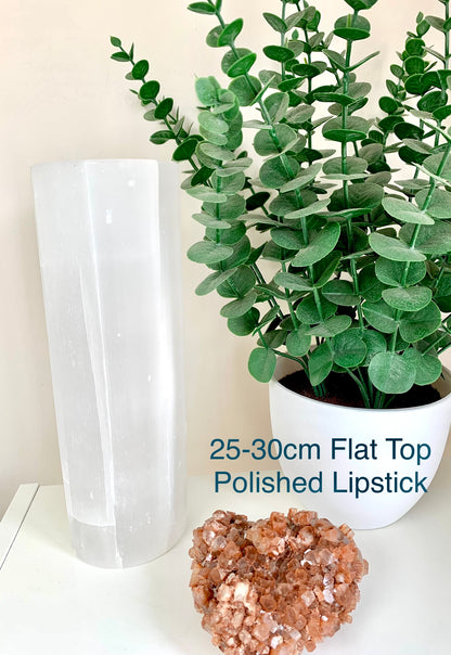Satin Spar Selenite Flat Top Cylinder Lipstick Lamp Large