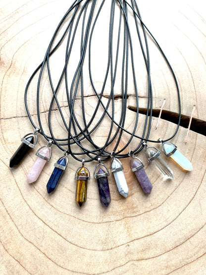Crystal Point Quartz Gemstone Pendant Black Leather Corded Necklace