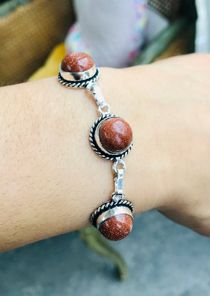 Goldstone Healing Crystal 8.5” 925 Silver Plated T-Bar Bracelet - Crystal Boutique.co.uk 