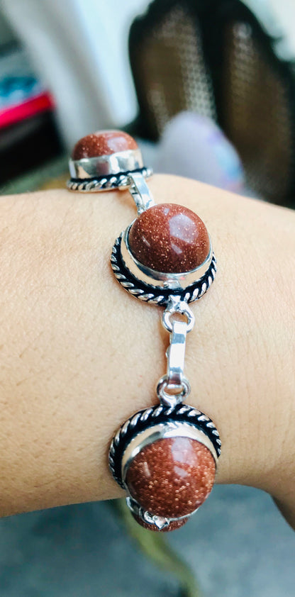 Goldstone Healing Crystal 8.5” 925 Silver Plated T-Bar Bracelet - Crystal Boutique.co.uk 