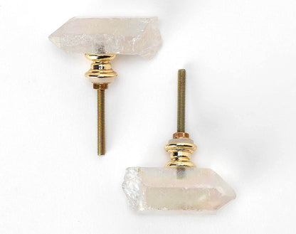 Angel Aura Plated Quartz Crystal Point Furniture Door Drawer Cabinet Knobs Set of 2