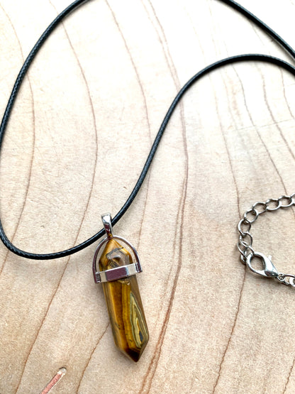 Crystal Point Quartz Gemstone Pendant Black Leather Corded Necklace