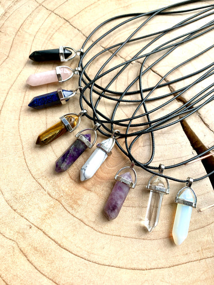 Crystal Point Quartz Gemstone Pendant Black Leather Corded Necklace